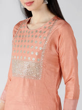 Women Peach Solid Embroidered Kurti Trousers With Dupatta